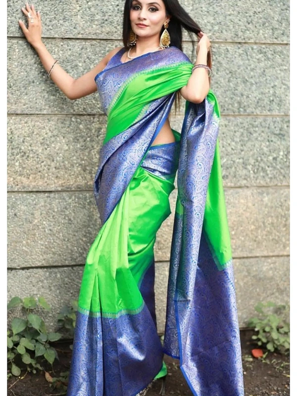 Neon green soft lichi silk jacquard weaving work saree