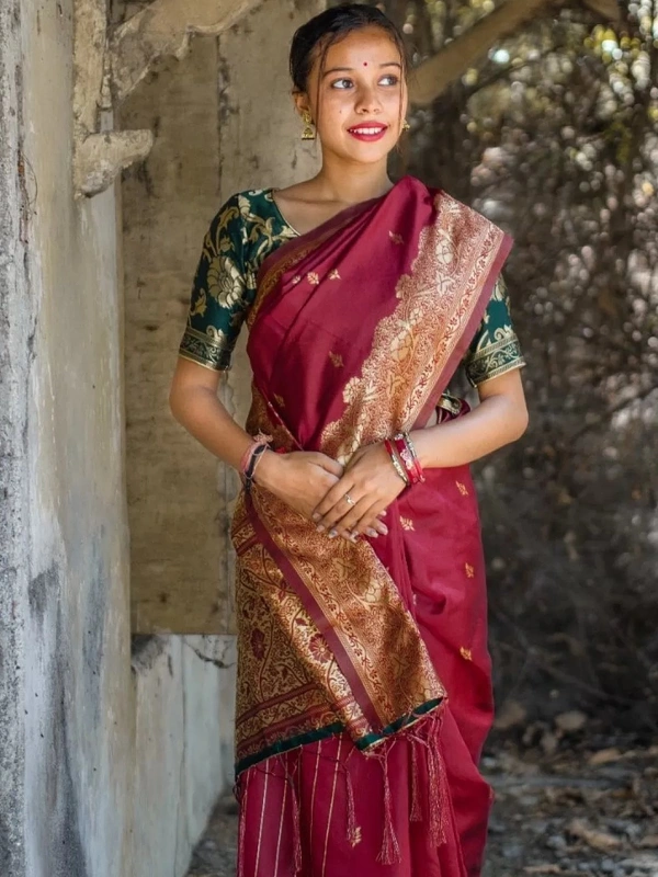 Maroon banarasi kota silk gold jari work wedding saree