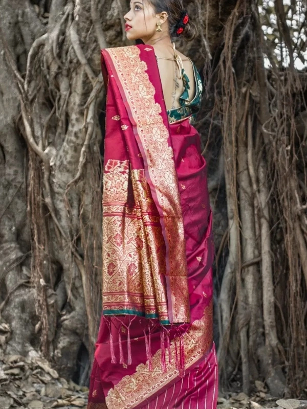 Maroon banarasi kota silk gold jari work wedding saree