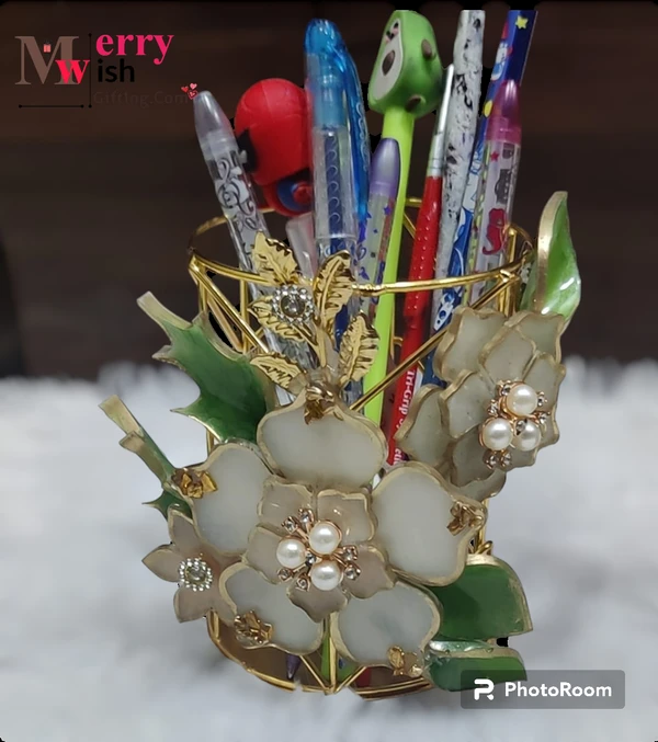 Pen Stand Or Cutlery Metal Stand With Resin Flowers