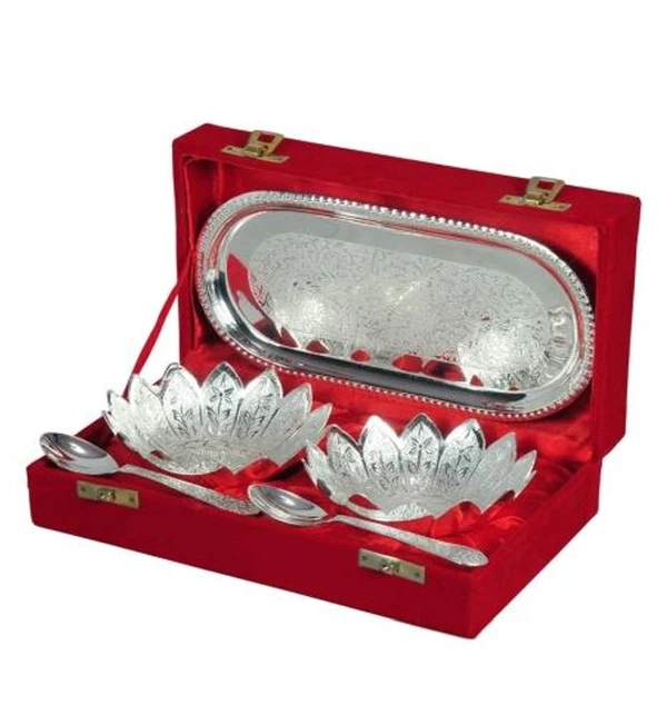 German Silver Plated Bowl With Two Spoon And Tray Velvet Box Pack best For Gifting JP