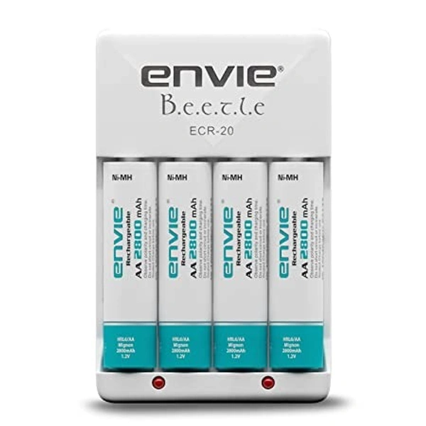 ENVIE® (ECR20+AA2800 4PL) Charger for AA & AAA Rechargeable Batteries - 9.3 x 6 x 5 Centimeters, White