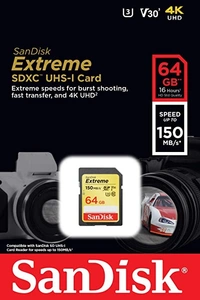 SanDisk Extreme SDXC, SDXVE 64GB, V30, U3, C10, UHS-I, 90MB/s R, 40MB/s W, for 4K Video - 64gb