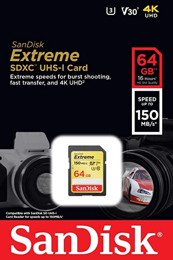 SanDisk Extreme SDXC, SDXVE 64GB, V30, U3, C10, UHS-I, 90MB/s R, 40MB/s W, for 4K Video - 64gb