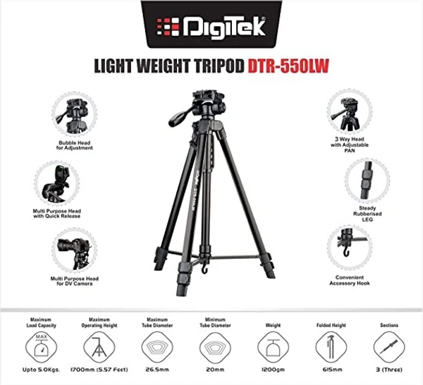 Digitek DTR 550 LW (67 Inch) Tripod For DSLR, Camera |Operating Height: 5.57 Feet | Maximum Load Capacity up to 4.5kg | Portable Lightweight Aluminum Tripod with 360 Degree Ball Head | Carry Bag Included (Black) (DTR 550LW) - DIGITEK® (DLS-009 FTK)