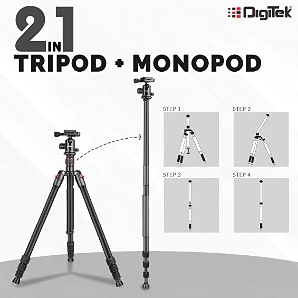 DIGITEK® (DTR-500BH) (152 cm) Professional Aluminum Tripod Cum Monopod, with Swivel Pan Head, Maximum Operating Height : 1510 mm, Maximum Load Upto: 7kgs (Black) - DTR-500BH