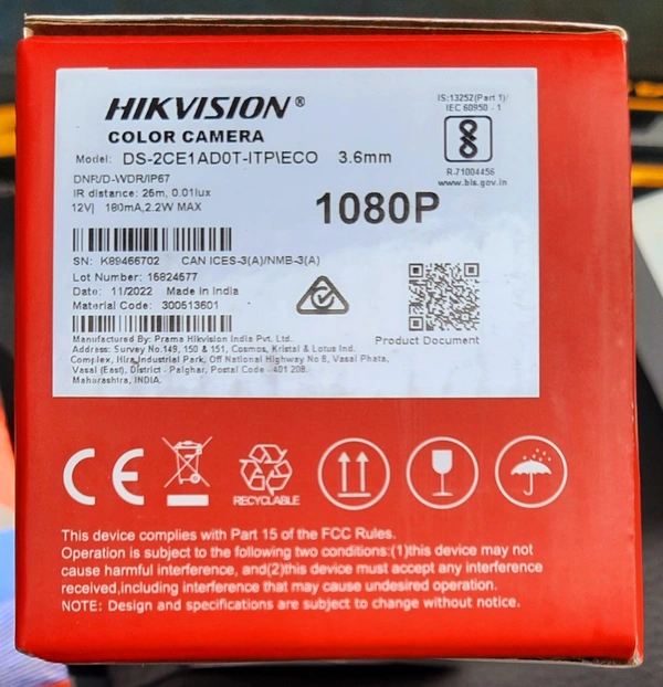 HIKVISION CCTV Camera ECO (Bullet) - DS-2CE1AD0T-ITP/ECO, Nov/22