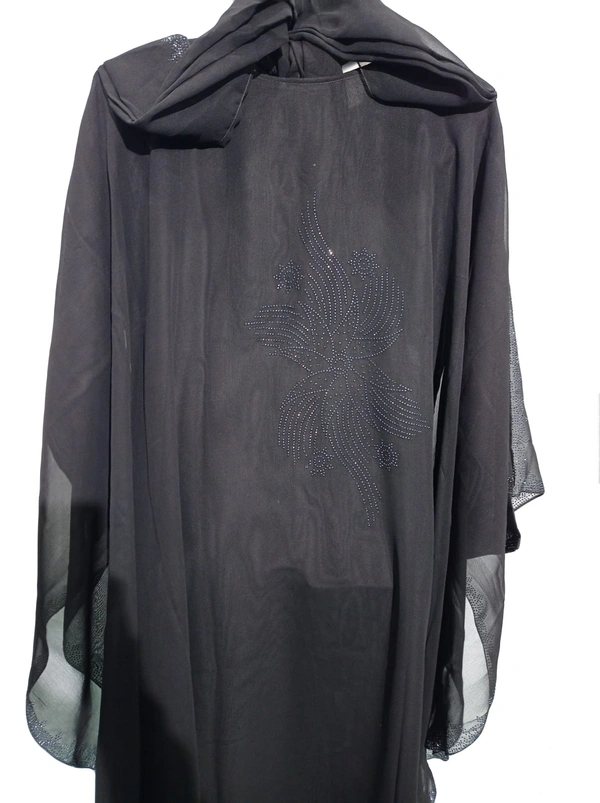 Humeira Abaya Dubai Style Beautiful Black Color Star Farasha in Al Nida Fabric PP Stone Work - 54, 300 gms