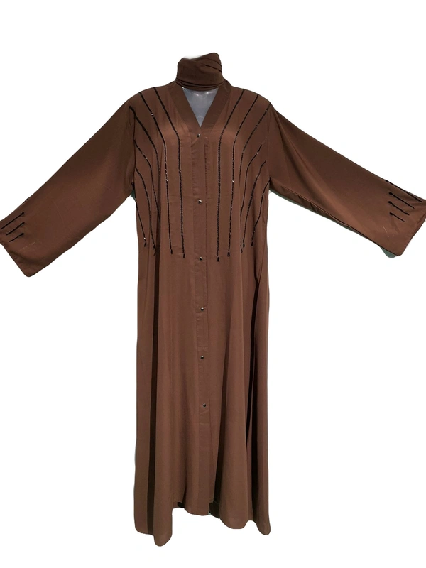 Humeira Abaya Humeira Dubai Style Neck Handwork Premium Brown Color Front Open Abaya - 54, 300 gms