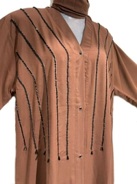 Humeira Abaya Humeira Dubai Style Neck Handwork Premium Brown Color Front Open Abaya - 54, 300 gms