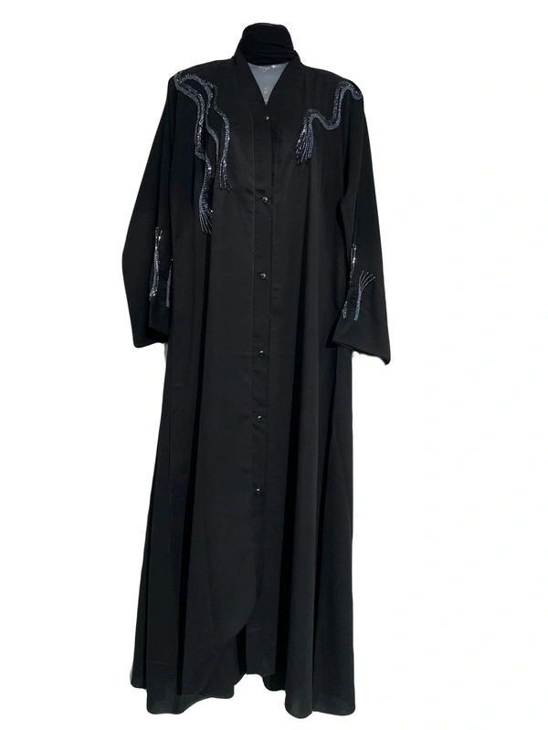 Humeira Abaya Humeira Chain Type Neck Hand Work Front Open Abaya in Al Nida Fabric - 54, 300 gms