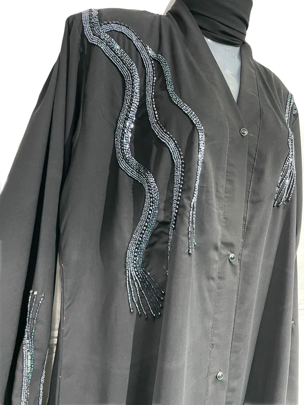 Humeira Abaya Humeira Chain Type Neck Hand Work Front Open Abaya in Al Nida Fabric - 54, 300 gms