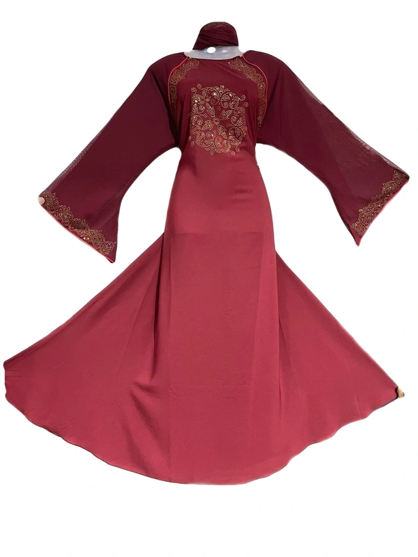 Humeira Abaya Humeira Dubai Style Red Pipen M S Stone Buta Work Simple Abaya in Al Firdous Fabric - 54, 300 gms