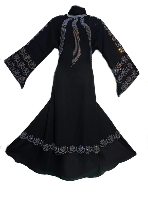 Humeira Abaya Double Layer Shirag Abaya in Al Nida Fabric With White Stone Work - 54, 300 gms