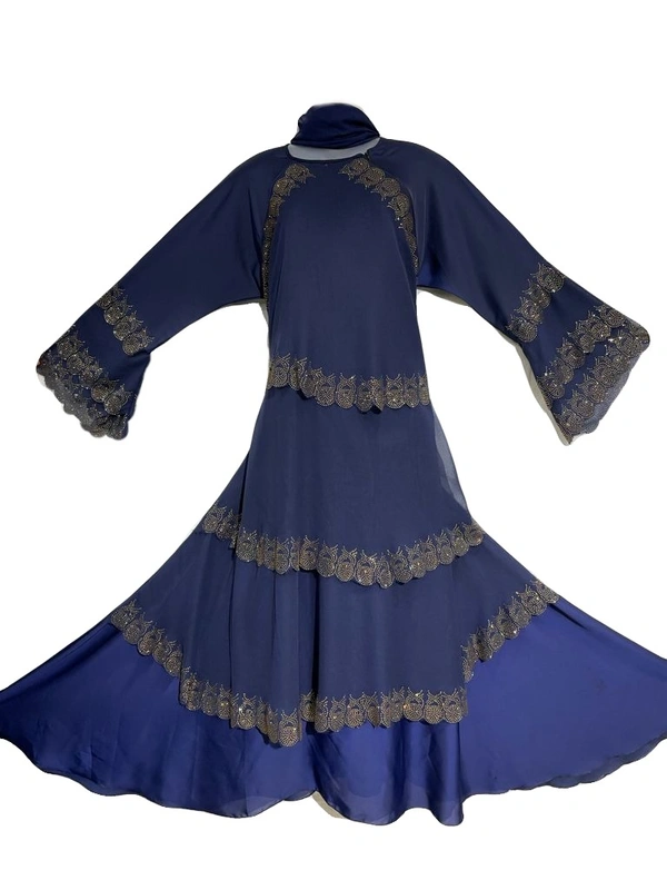 Humeira Abaya Humeira Blue Color Dubai Style Abaya in Al Nida Fabric with Golden M S Stone Work - 54, 300 gms