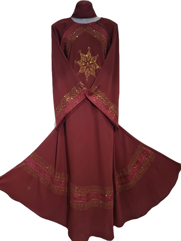 Humeira Abaya Red Embroidery M S Stone Work Abaya in Al Nida Fabric - 54, 300 gms