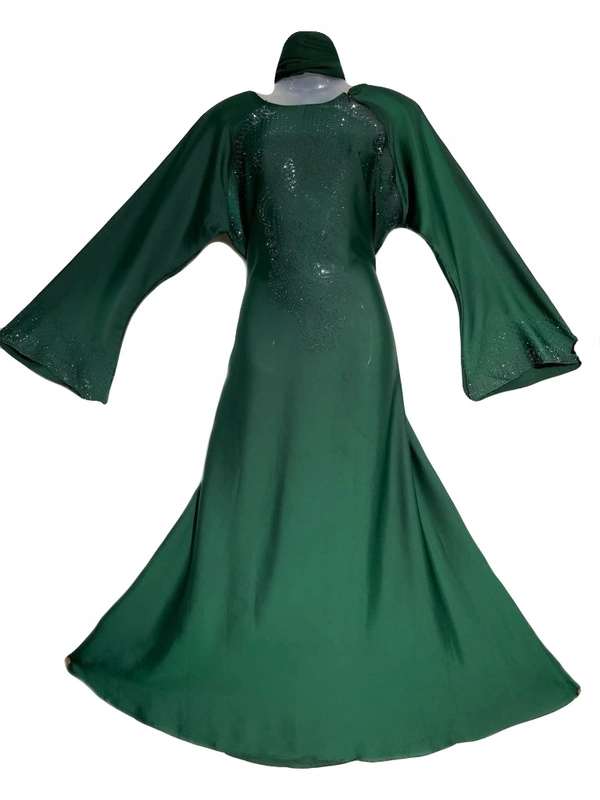 Humeira Abaya Dubai Style Green Color Simple Abaya in Al Nida Fabric With DMC Stone Work - 54, 300 gms
