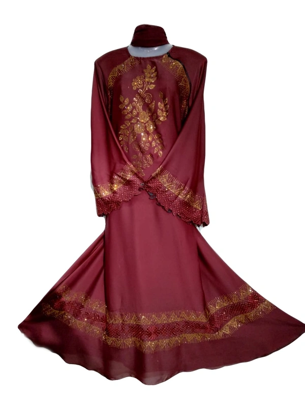Humeira Abaya Dubai Style Red Embroidery Sleeves Abaya in Al Nida Fabric - 54, 300 gms