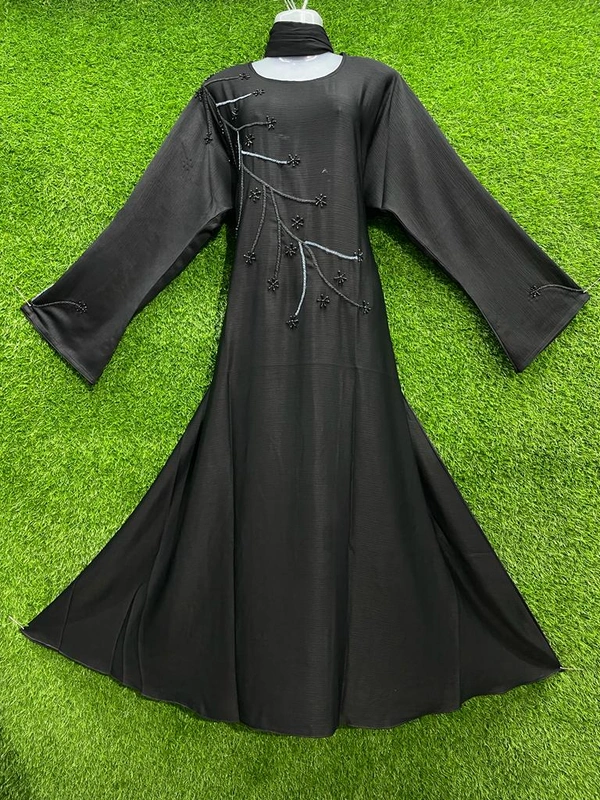 Humeira Abaya Front Leaf Style Hand Work Burkha in Al Nida Fabric - 54, Black, 300 gms