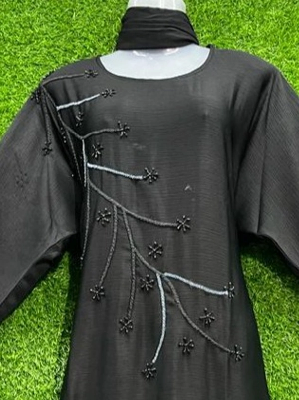 Humeira Abaya Front Leaf Style Hand Work Burkha in Al Nida Fabric - 54, Black, 300 gms