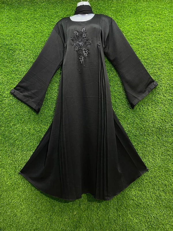 Humeira Abaya Front Hand Work & Frill Abaya/Burkha in Al Nida Fabric - 54, Black, 300 gms