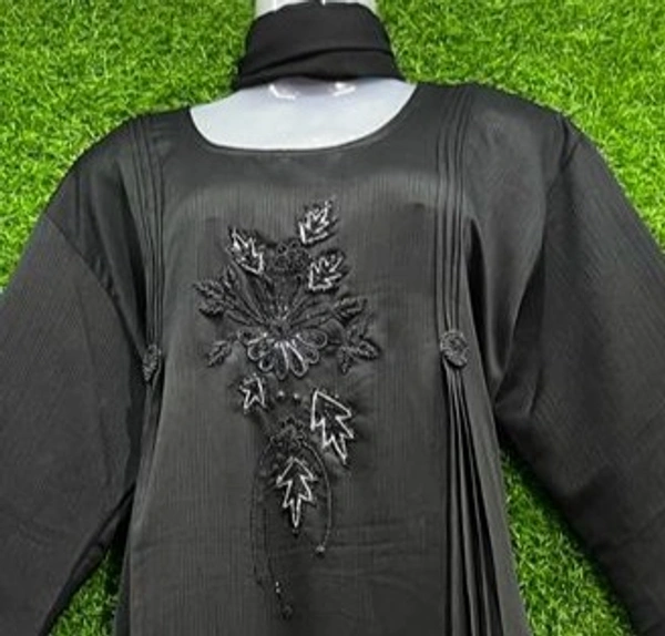 Humeira Abaya Front Hand Work & Frill Abaya/Burkha in Al Nida Fabric - 54, Black, 300 gms