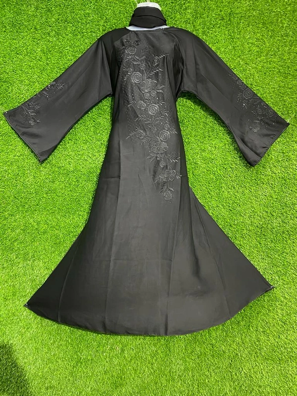 Humeira Abaya Front Long Buta Embroidery Abaya in Al Nida Fabric - 54, Black, 300 gms
