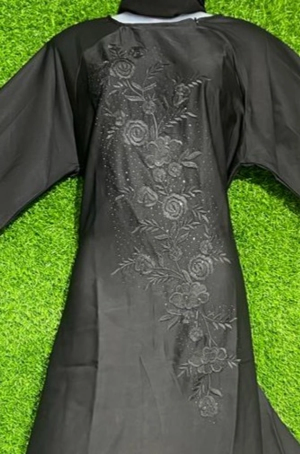 Humeira Abaya Front Long Buta Embroidery Abaya in Al Nida Fabric - 54, Black, 300 gms