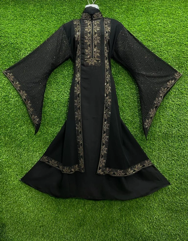 Humeira Abaya Burj Golden Heavy Coat Type Abaya in Al Nida Fabric M S Nug - 54, Black, 300 gms