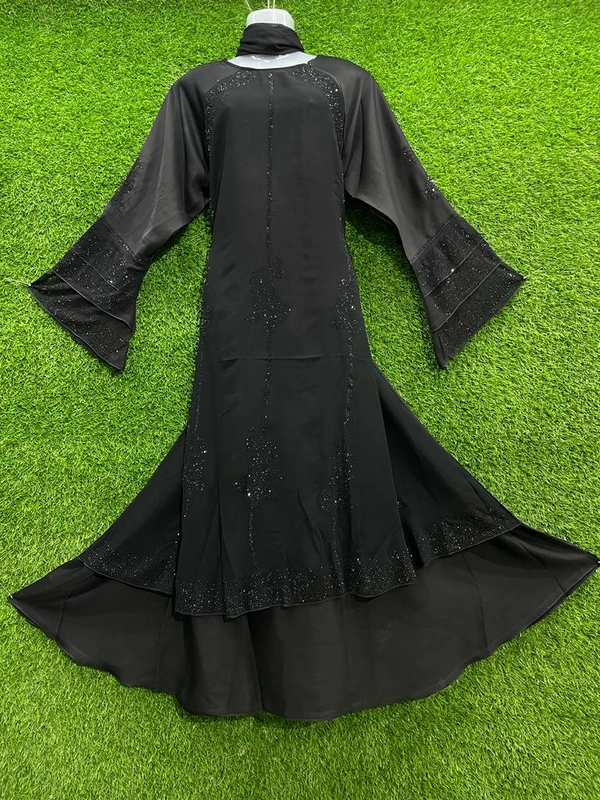 Humeira Abaya Dubai Style Double Layer Front Nug Kali Burkha Abaya in Al Nida Fabric - 54, Black, 300 gms