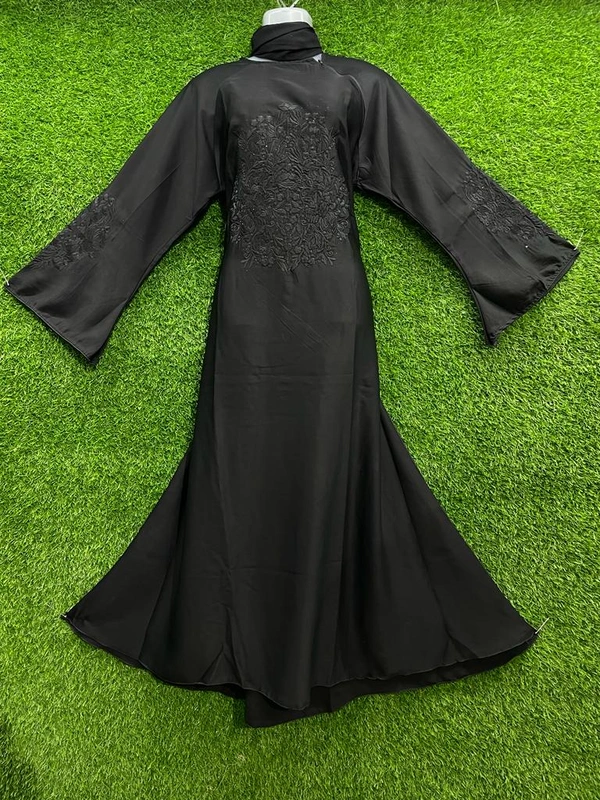 Humeira Abaya Dubai Style Black Color Big Embroidery Buta Burkha in Al Nida Fabric - 54, Black, 300 gms