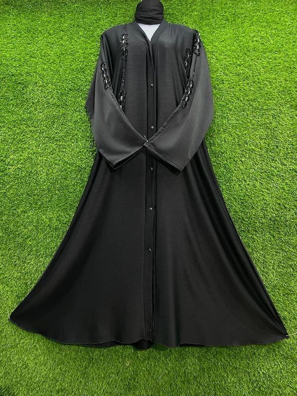 Humeira Abaya Front Open Circle Hand Work Abaya/Burkha in Al Nida Fabric - 54, Black, 300 gms