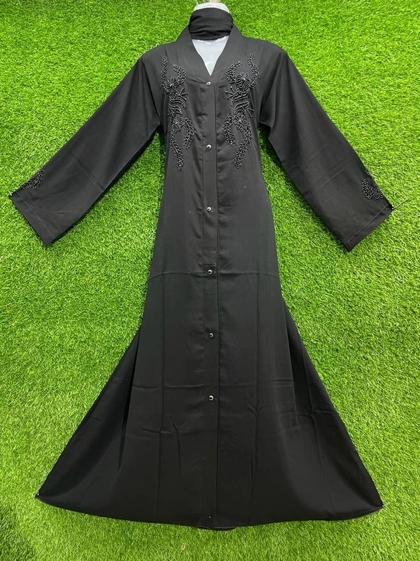 Humeira Abaya Front Open Sided Buta Abaya in Al Nida Fabric Simple For New Bride/ Students - 54, Black, 300 gms