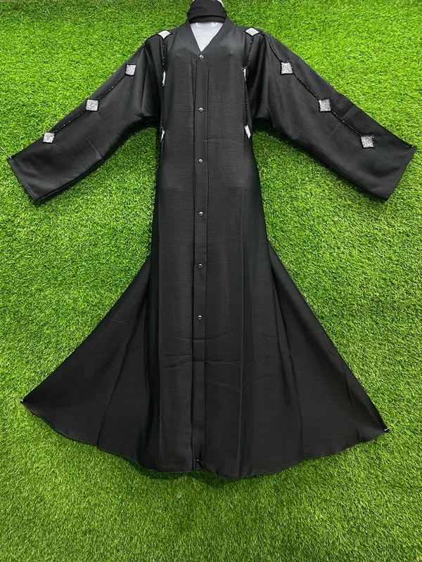Humeira Abaya Indian Traditional Premium Simple Front Open Squar Type Hand Work Burkha in Al Nida Fabric - 54, Black, 300 gms
