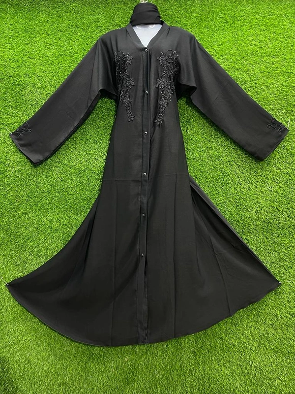 Humeira Abaya Double Side Front Open Hand Work Buta Abaya in Al Nida Fabric - 54, Black, 300 gms
