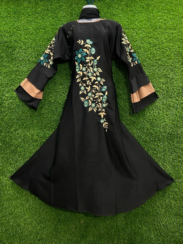 Humeira Abaya Dubai Style 3 Layer Multi Color Embroidery Buta Abaya/burkha in Al Nida Fabric - 54, Black, 300 gms