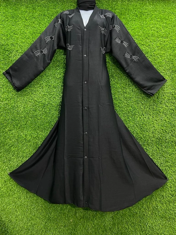 Humeira Abaya Front Open Premium Hand Worked Abaya in Al Nida Fabric With Small Laher Style - 54, Black, 300 gms