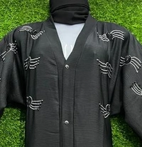 Humeira Abaya Front Open Premium Hand Worked Abaya in Al Nida Fabric With Small Laher Style - 54, Black, 300 gms