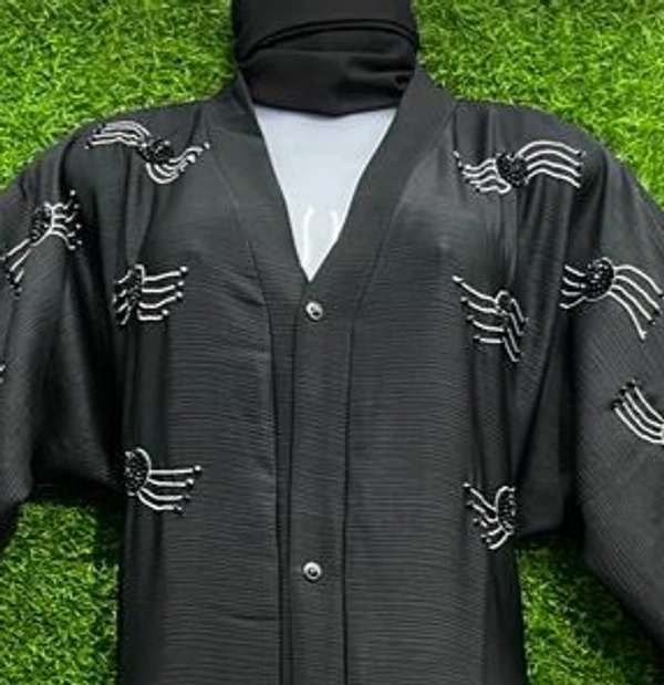 Humeira Abaya Front Open Premium Hand Worked Abaya in Al Nida Fabric With Small Laher Style - 54, Black, 300 gms