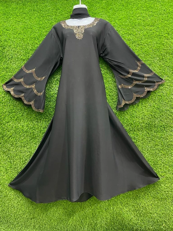 Humeira Abaya 3 Layer Golden Sleeves Abaya in Al Nida Fabric With MS Stone Work - 54, Black, 300 gms