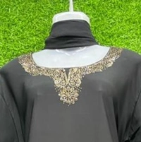 Humeira Abaya 3 Layer Golden Sleeves Abaya in Al Nida Fabric With MS Stone Work - 54, Black, 300 gms
