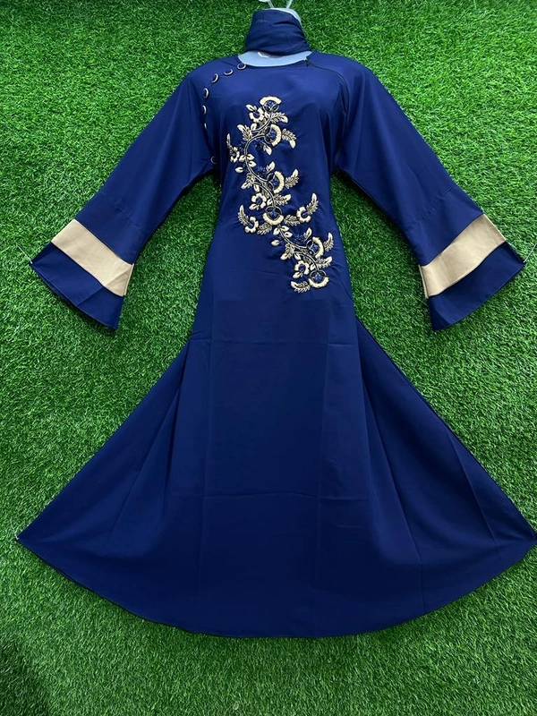 Humeira Abaya Embroidery & Hand Work Abaya in Al Nida Fabric - 54, Blue, 300 gm