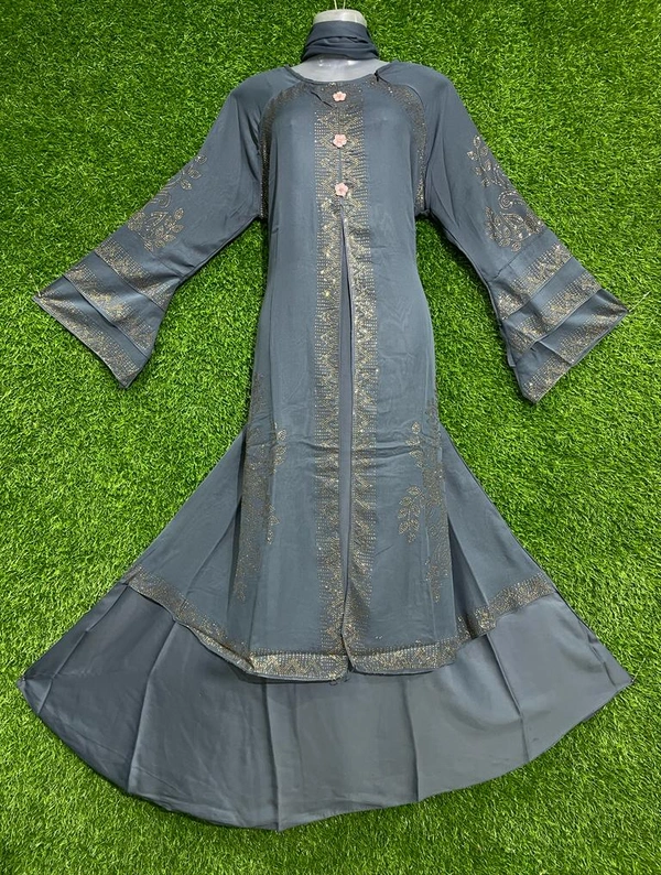 Humeira Abaya Dubai Style Grey Color Colar Shirag Abaya in Al Nida Fabric - 54, Grey, 300 gm