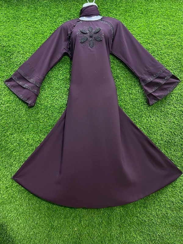 Humeira Abaya India Style 3 Layer Baju Hand Work Abaya in Al Nida Fabric - 54, Purple, 300 gm