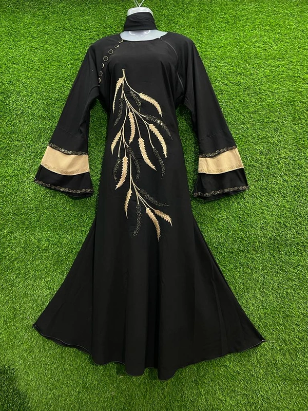 Humeira Abaya Mirchi Type Embroidery Abaya in Al Nida Fabric - 54, Black, 300 gm