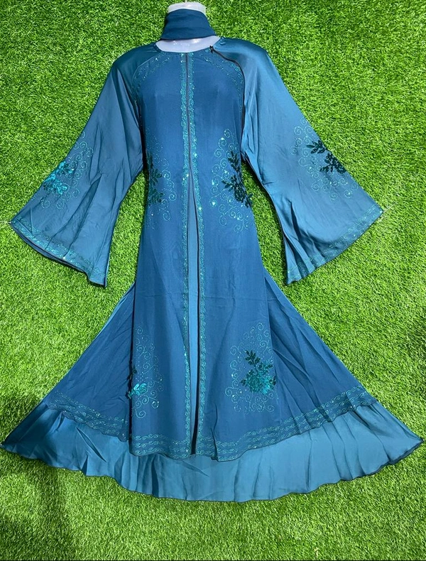 Humeira Abaya Firzoi Color Shirag Abaya With Sehnil Phool Style in Al Nida Fabric - 54, Firozi, 300 gm
