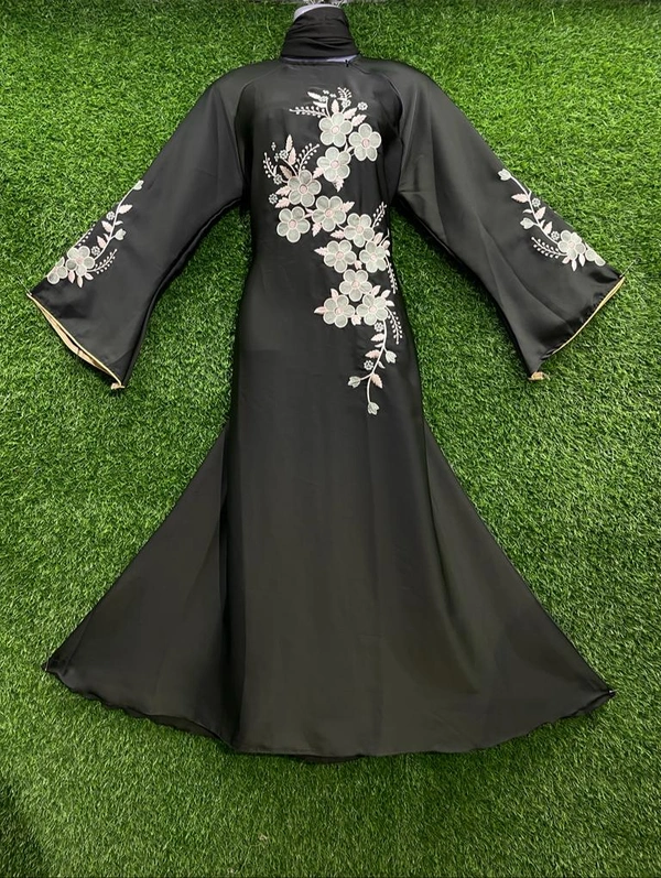 Humeira Abaya Brown Colour Long Front Embroidery Abaya in Al Nida Fabric - 54, Brown, 300 gm