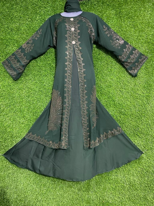 Humeira Abaya India Traditional Mor Pankh Nug Style Shirag Abaya in Al Nida Fabric - 54, Green, 300 gm