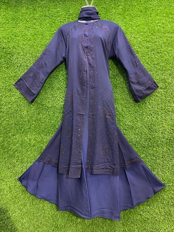 Humeira Abaya Multi Nug Shirag Style Abaya in Al Nida Fabric - 54, Blue, 300 gm