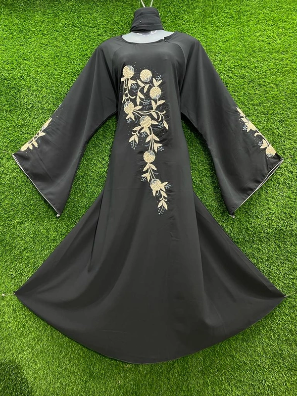 Humeira Abaya Long Sleeves Embroidery in Al Nida Fabric - 54, Brown, 300 gm